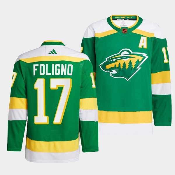 Mens Minnesota Wild #17 Marcus Foligno Green 2022-23 Reverse Retro Stitched Jersey